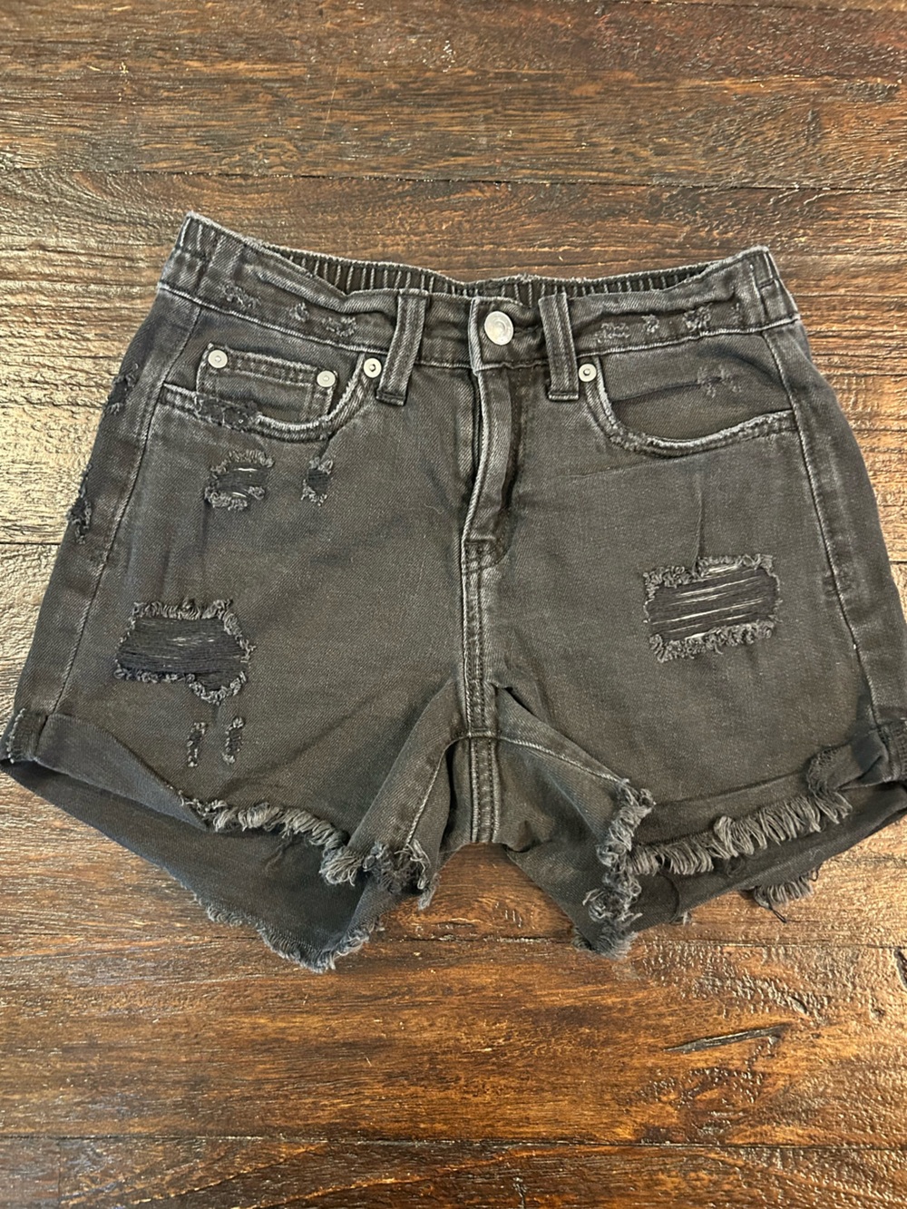 Aerie Black Distressed Daydream Denim Shorts - High Waisted Elastic Back